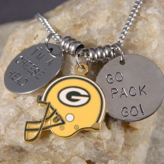 Green Bay Packers I am a Cheesehead Go Pack Go Handstamped Necklace with Helmet